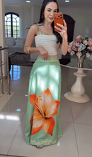 Conjunto Leona - Verde com Floral Laranja