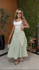 Saia Midi Listrada - Listrado Verde e Branco