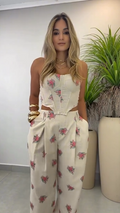 Conjunto 100% Linho - Off-White com Floral Rosa