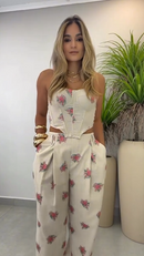 Conjunto 100% Linho - Off-White com Floral Rosa