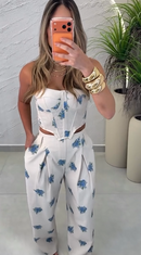 Conjunto 100% Linho - Off-White com Floral Azul
