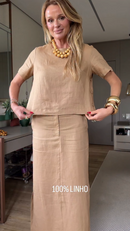 Conjunto 100% Linho Bege Blusa e Saia Longa - Bege