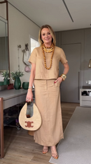 Conjunto 100% Linho Bege Blusa e Saia Longa - Bege