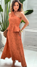 Conjunto Bordado Arabesco Blusa Um Ombro e Saia Longa - Terracota