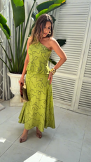 Conjunto Bordado Arabesco Blusa Um Ombro e Saia Longa - Verde Limão