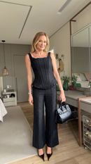 Conjunto Corset Jacquard e Calça Pantalona - Preto