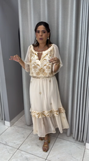 Conjunto Creme Bordado Dourado Blusa Ciganinha e Saia Longa - Creme