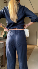 Conjunto Linho Azul Marinho Blusa Gola Alta e Calça Pantalona - Azul Marinho