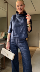 Conjunto Linho Azul Marinho Blusa Gola Alta e Calça Pantalona - Azul Marinho