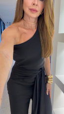Conjunto Preto Blusa Um Ombro e Calça Pantalona - Preto