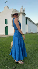 Vestido Longo 100% Linho Azul com Faixa Drapeada - Azul