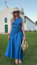 Vestido Longo 100% Linho Azul com Faixa Drapeada - Azul
