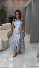 Vestido Chemise Longo Listrado com Cinto - Listrado Tricolor