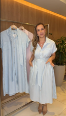 Vestido Chemise Midi Listrado com Faixa - Rosa