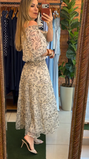 Vestido Midi Ciganinha Creme Estampa Ramos - Creme Estampado