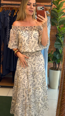 Vestido Midi Ciganinha Creme Estampa Ramos - Creme Estampado