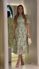 Vestido Midi Guipir Gola Alta Manga Curta - Verde Menta