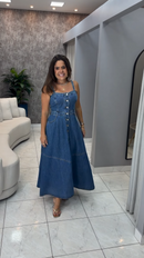 Vestido Jeans Longo com Alças e Botões Frontais - Jeans