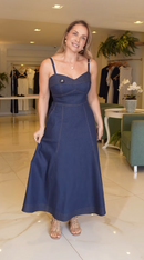 Vestido Jeans Longo Alças Finas Evasê - Jeans Escuro