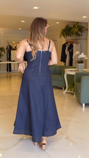 Vestido Jeans Longo Alças Finas Evasê - Jeans Escuro