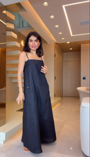 Vestido Longo Linho Chumbo Alças Finas com Bolsos - Chumbo