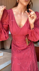 Vestido Midi Rosa Pink Bordado Manga Bufante - Rosa Pink