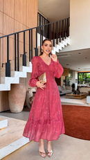 Vestido Midi Rosa Pink Bordado Manga Bufante - Rosa Pink