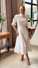 Vestido Midi Branco Gola Alta com Babados - Branco