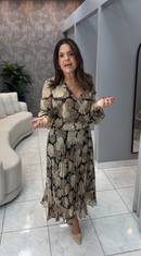 Vestido Midi Plissado Estampa Folhagem - Estampa Folhagem