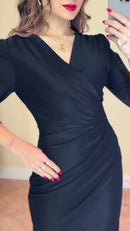 Vestido Midi Envelope Drapeado - Preto