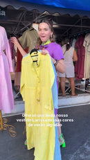 Vestido Camisão Longo Colarinho e Manga Comprida - Amarelo Limao