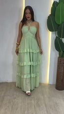Vestido Longo Menta em Camadas - Verde Menta