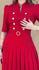 Vestido Longo Vermelho Botões Pérola - Vermelho