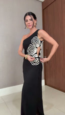 Vestido Longo Preto com Flores Bordadas - Preto
