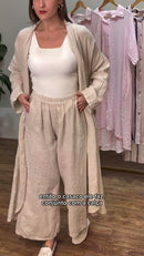 Conjunto Bege Natural Casaco Kimono Longo e Calça Pantalona com Barra Renda - Bege Natural
