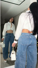 Calça Jeans Wide Leg Botões Militares - Azul Médio