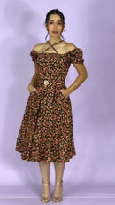 Vestido Midi Floral Ombro a Ombro - Preto Floral