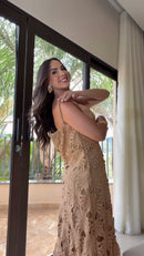 Vestido Longo Guipir Floral - Bege