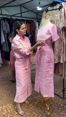 Conjunto 100% Linho Rosa Bebê Blusa Kimono e Saia Midi - Rosa Bebê