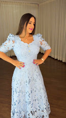 Vestido Midi Guipure Floral - Azul Serenity