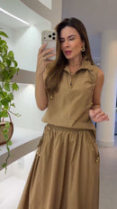 Conjunto Bege Safari Colete Zíper e Saia Midi Franzida - Bege Safari