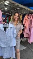 Conjunto 100% Linho Bege Listrado Blusa Manga Curta Colarinho e Short - Bege Listrado