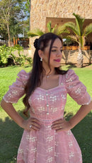 Vestido Rosa Laise Manga Bufante - Rosa