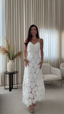 Vestido Branco Renda Guipir Floral Longo e Alças Finas - Branco