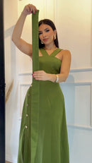 Vestido Longo Decote Cruzado Botões - Verde Oliva