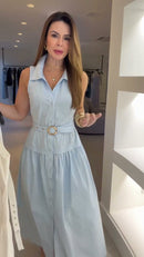Vestido Azul Claro Camisão Sem Mangas Colarinho e Saia Tiered - Azul Claro