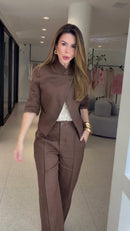 Conjunto Marrom Chocolate Blazer Assimetrico Wrap e Calça Reta - Marrom Chocolate