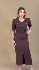 Conjunto Blusa Zíper e Saia Midi - Marrom Chocolate