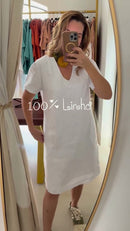 Vestido 100% Linho Branco Curto Manga Curta Gola V - Branco