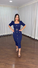 Vestido Midi Tubinho Botões Dourados - Azul Marinho